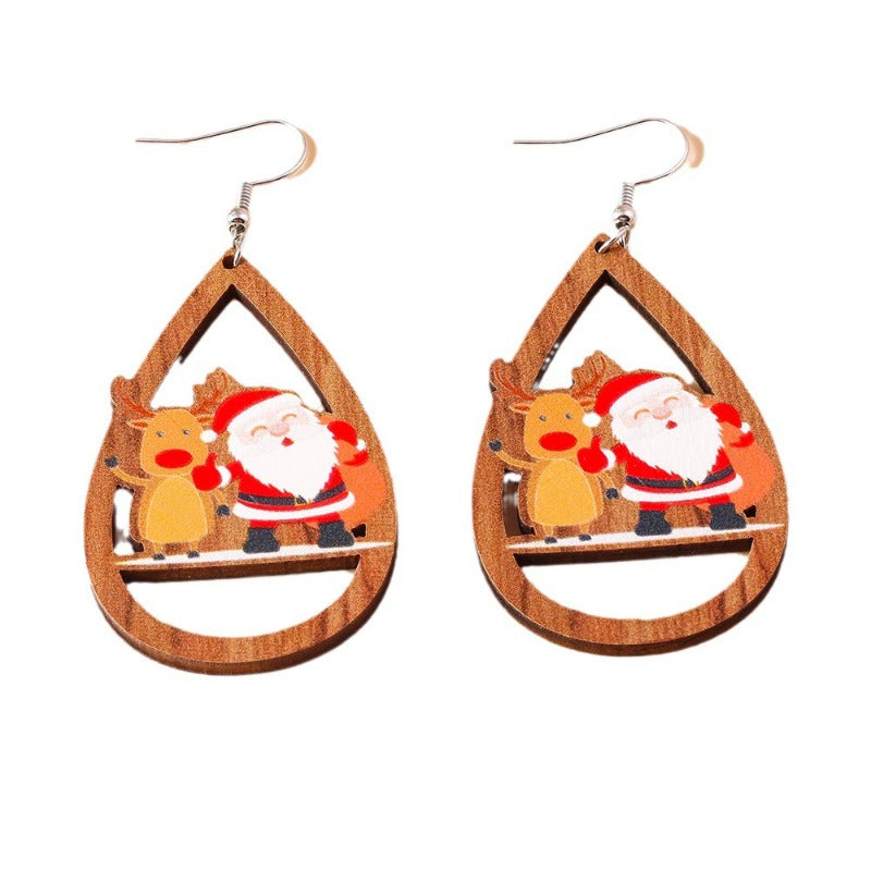 Wholesale Christmas Cartoon Santa Claus Drop Shape Wooden Earrings